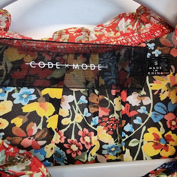 Code x Mode Floral Dress Size S Colorful Sheer Chiffon Ruffle V-Neck Peasant - Picture 11 of 11